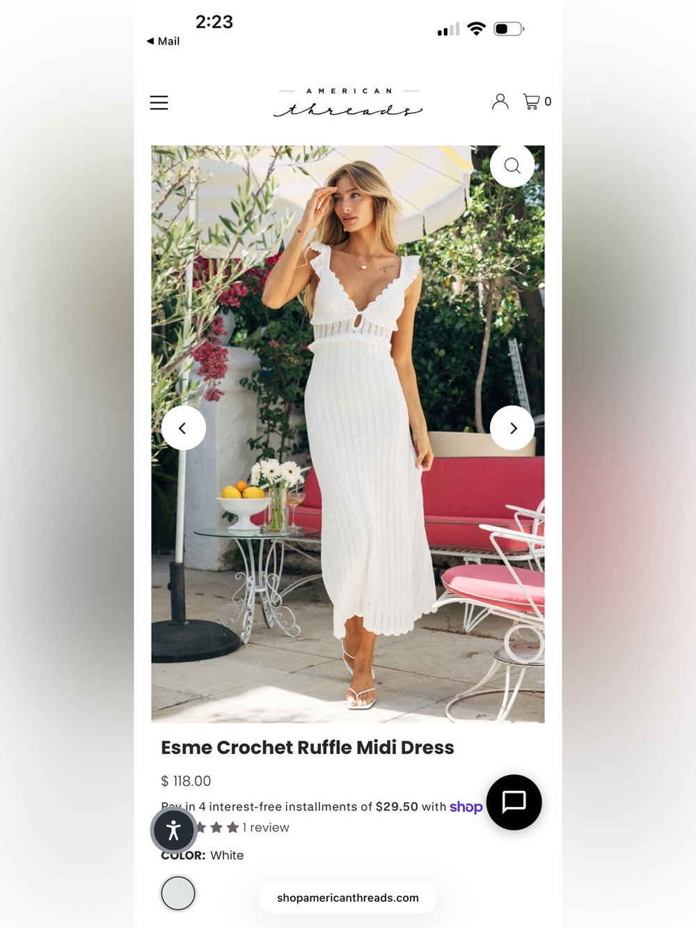 American Threads White Esme Crochet Ruffle Midi Dress